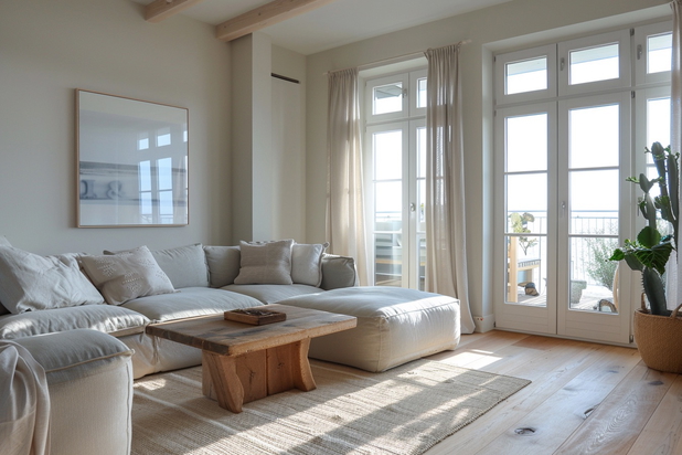 Helles, in beigetönen gehaltenes Wohnzimmer mit Couch, Couchtisch und Blick auf den Balkon.