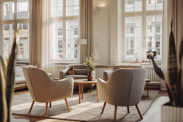 Helles und in beige Tönen gehaltenes Office mit Sitzegelegenheiten.